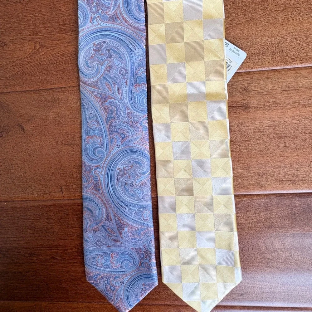 Michael Kors Paisley Checkered Silk Tie Set Mens O/S Blue Yellow